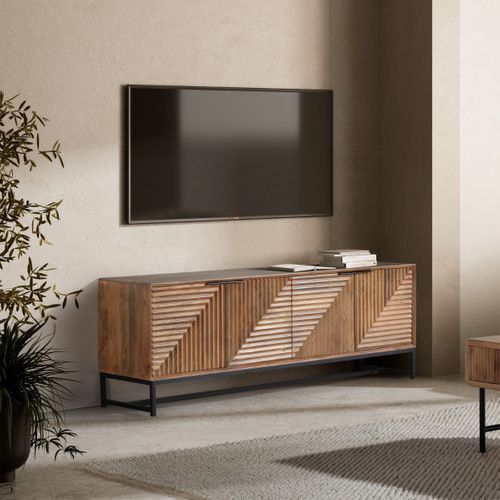 Meuble TV 4 Portes En Manguier Massif Relief Graphique Oblique Piètement Métal Laqué Noir - Neria