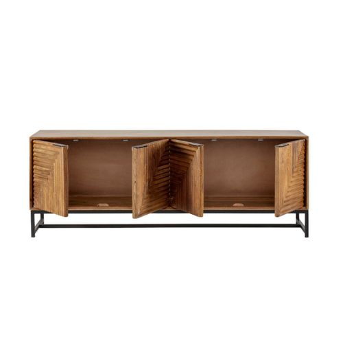 Meuble TV 4 Portes En Manguier Massif Relief Graphique Oblique Piètement Métal Laqué Noir - Neria