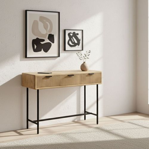 Console 3 Tiroirs En Manguier Massif Relief Graphique Vertical Piètement Métal Laqué Noir - Melka