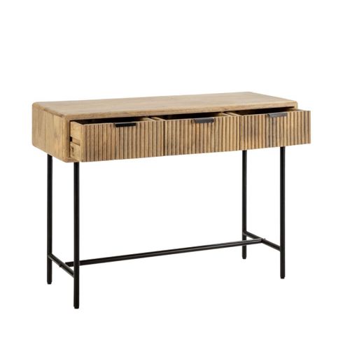 Console 3 Tiroirs En Manguier Massif Relief Graphique Vertical Piètement Métal Laqué Noir - Melka