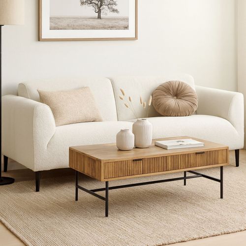 Table Basse 2 Tiroirs En Manguier Massif Relief Graphique Vertical Piètement Métal Laqué Noir - Mel