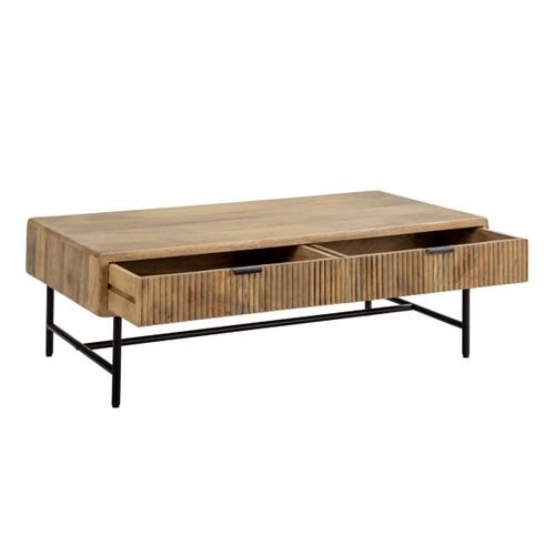 Table Basse 2 Tiroirs En Manguier Massif Relief Graphique Vertical Piètement Métal Laqué Noir - Mel