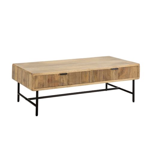 Table Basse 2 Tiroirs En Manguier Massif Relief Graphique Vertical Piètement Métal Laqué Noir - Mel