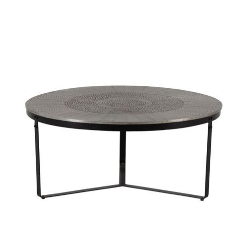 Table Basse Ronde Ø90cm En Métal Martelé Et Sculpté Finition Brossé Pied Laqué Noir - Sohalia