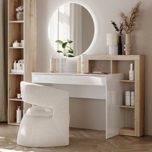 Coiffeuse 1 Tiroir Avec Étagère Décalées Blanc Laqué Et Aspect Bois Finition Cadiz - Arturo