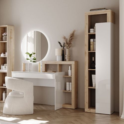 Coiffeuse 1 Tiroir Avec Étagère Décalées Blanc Laqué Et Aspect Bois Finition Cadiz - Arturo