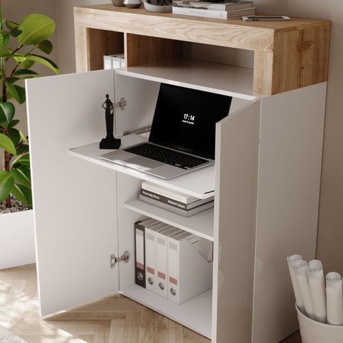 Bureau Secrétaire 2 Portes Contemporain Blanc Laqué Et Aspect Bois Finition Cadiz - Arturo