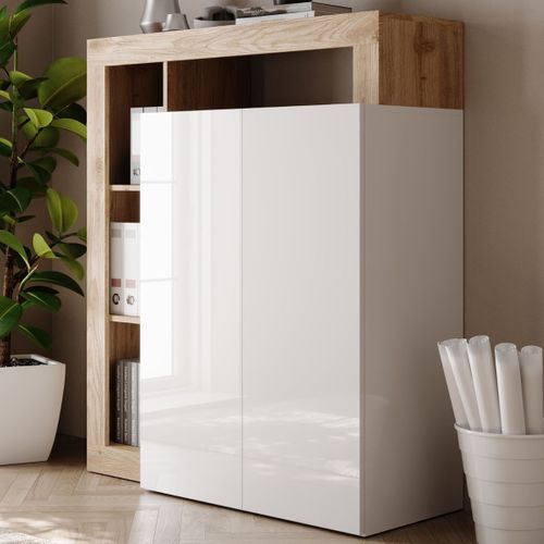 Bureau Secrétaire 2 Portes Contemporain Blanc Laqué Et Aspect Bois Finition Cadiz - Arturo