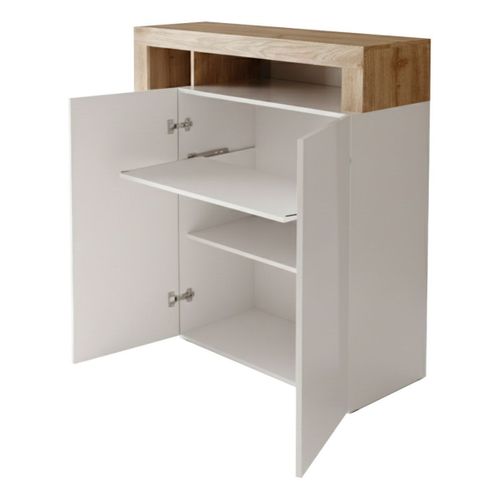 Bureau Secrétaire 2 Portes Contemporain Blanc Laqué Et Aspect Bois Finition Cadiz - Arturo