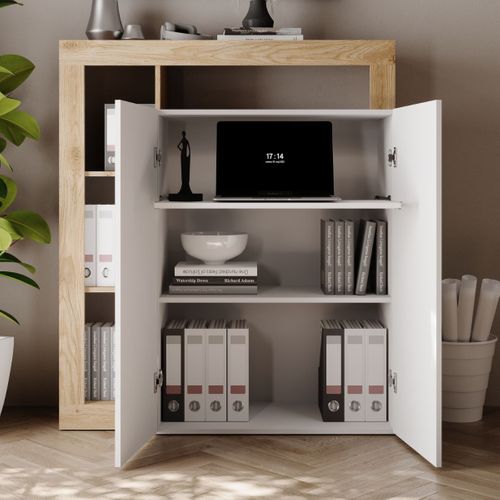 Bureau Secrétaire 2 Portes Contemporain Blanc Laqué Et Aspect Bois Finition Cadiz - Arturo