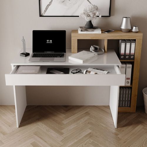 Bureau 1 Tiroir Avec Étagères Décalées Blanc Laqué Et Aspect Bois Finition Cadiz - Arturo