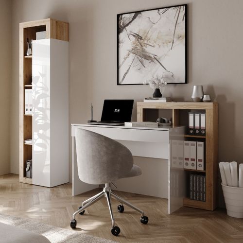 Bureau 1 Tiroir Avec Étagères Décalées Blanc Laqué Et Aspect Bois Finition Cadiz - Arturo