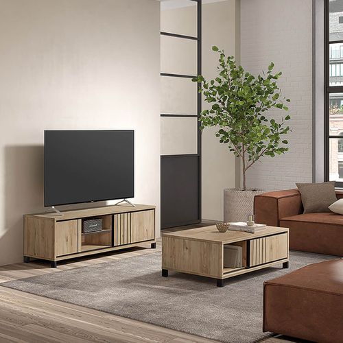 Table Basse 1 Tiroir Aspect Bois Détail Déco Lignes Verticales Noires - Anthony