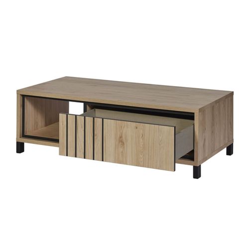 Table Basse 1 Tiroir Aspect Bois Détail Déco Lignes Verticales Noires - Anthony