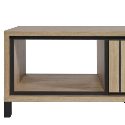 Table Basse 1 Tiroir Aspect Bois Détail Déco Lignes Verticales Noires - Anthony