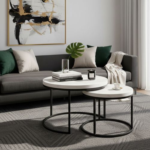 Table Basse Gigogne Aspect Bois Finition Marbre Blanc Piètement Métal Noir - Marmol