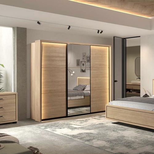 Armoire 3 Portes Coulissantes Avec Miroir Et LEDs Aspect Bois Et Noir - Ludy