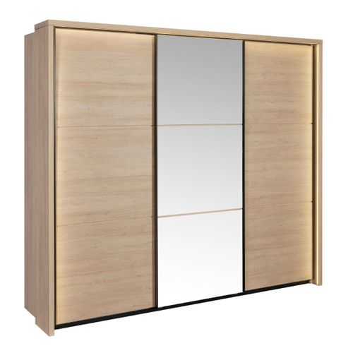Armoire 3 Portes Coulissantes Avec Miroir Et LEDs Aspect Bois Et Noir - Ludy