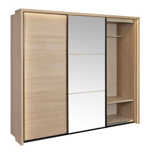Armoire 3 Portes Coulissantes Avec Miroir Et LEDs Aspect Bois Et Noir - Ludy