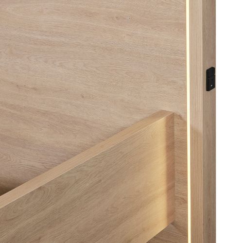 Lit 140x200cm Avec Tête De Lit Chevets Suspendus Et Éclairage Intégré Aspect Bois Et Noir - Ludy