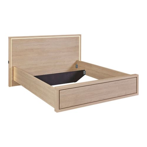 Lit 140x200cm Avec Tête De Lit Chevets Suspendus Et Éclairage Intégré Aspect Bois Et Noir - Ludy