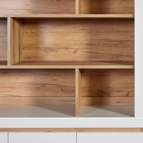 Meuble De Cuisine 8 Niches Et Rangements Bas 4 Portes Et 2 Tiroirs Finition Blanc Et Bois - Dualis