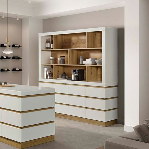 Meuble De Cuisine 8 Niches Et Rangements Bas 4 Portes Et 2 Tiroirs Finition Blanc Et Bois - Dualis