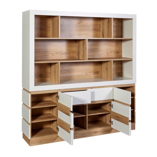 Meuble De Cuisine 8 Niches Et Rangements Bas 4 Portes Et 2 Tiroirs Finition Blanc Et Bois - Dualis