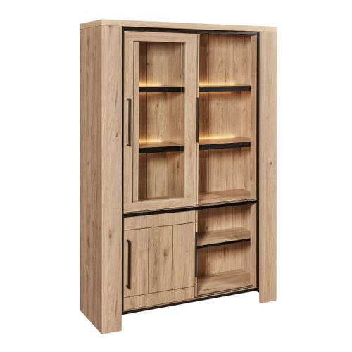 Argentier 4 Portes Coulissantes Dont 2 Vitrées Avec Éclairage LEDs Aspect Bois Finition Castel Oak