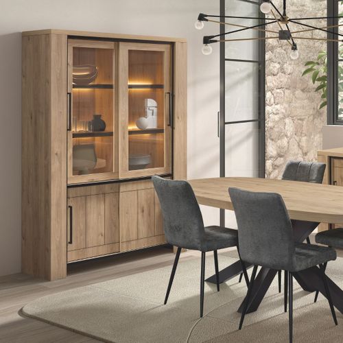 Argentier 4 Portes Coulissantes Dont 2 Vitrées Avec Éclairage LEDs Aspect Bois Finition Castel Oak