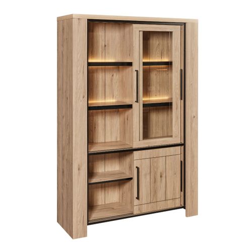 Argentier 4 Portes Coulissantes Dont 2 Vitrées Avec Éclairage LEDs Aspect Bois Finition Castel Oak