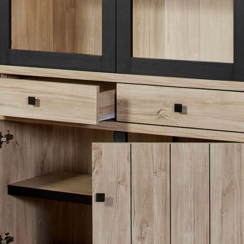 Argentier 4 Portes Dont 2 Vitrées Et 2 Tiroirs Avec Éclairage LEDs Aspect Bois Finition Beach Oak -