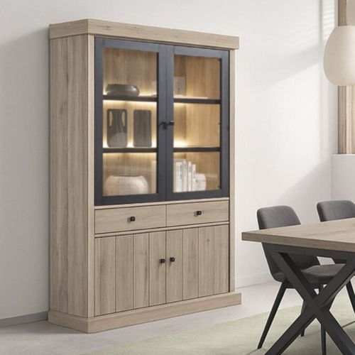 Argentier 4 Portes Dont 2 Vitrées Et 2 Tiroirs Avec Éclairage LEDs Aspect Bois Finition Beach Oak -