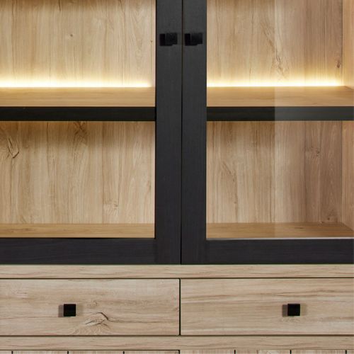 Argentier 4 Portes Dont 2 Vitrées Et 2 Tiroirs Avec Éclairage LEDs Aspect Bois Finition Beach Oak -