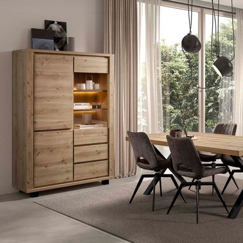 Argentier 4 Portes Dont 1 Vitrée Avec Éclairage LEDs Aspect Bois Finition Hudson Oak - Uridson