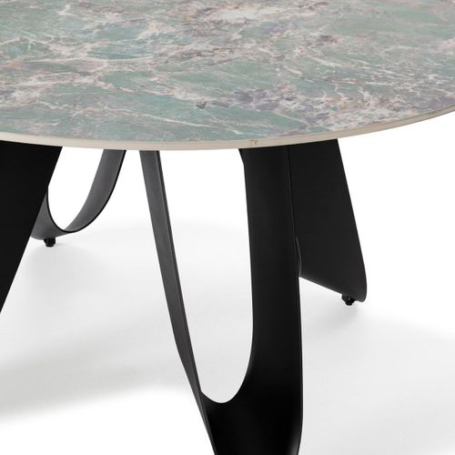 Table De Repas Design D. 134 Cm Avec Plateau Céramique Imitation Marbre Vert Pied Métal Noir Archite