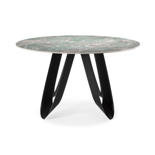 Table De Repas Design D. 134 Cm Avec Plateau Céramique Imitation Marbre Vert Pied Métal Noir Archite