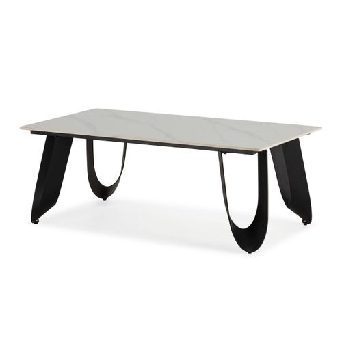 Table Basse Design Rectangulaire Avec Plateau Céramique Imitation Marbre Blanc Pied Métal Noir Arch