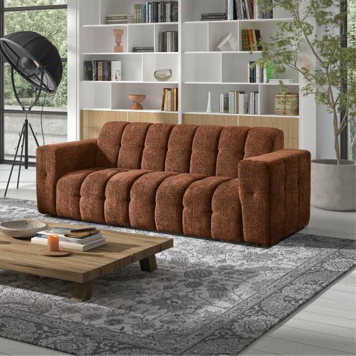 Canapé 3 Places Fixe En Tissu Polyester Chenillé Cognac - Menton