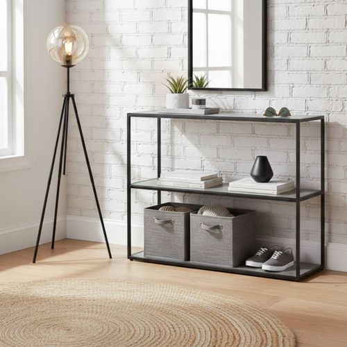 Console En Acier Laqué Anthracite Avec Plateaux En Verre Finition Aspect Céramique - Strate