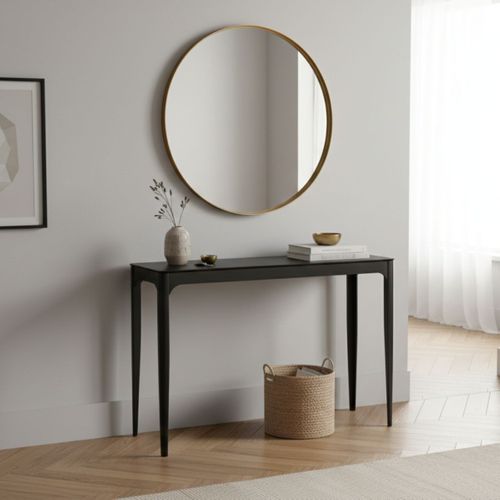 Console Plateau Mdf Placage Céramique Noir Marbré Et Piètement En Acier Laqué Anthracite - Sleek