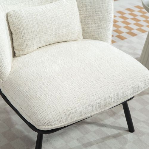 Fauteuil Lounge En Tissu Chenillé Blanc Piètement Métal Noir - Gasby