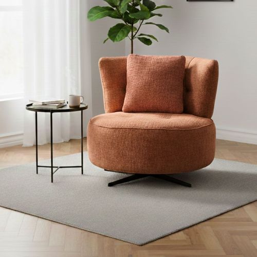 Fauteuil Lounge Pivotant En Tissu Chenillé Terracotta Piètement Métal Noir Avec Coussin Dorsal - Mi