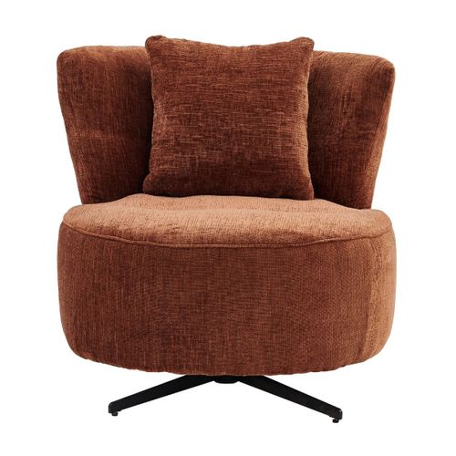 Fauteuil Lounge Pivotant En Tissu Chenillé Terracotta Piètement Métal Noir Avec Coussin Dorsal - Mi
