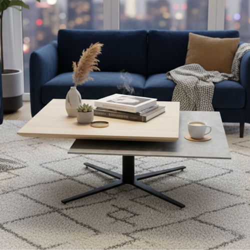 Table Basse Carrée Avec Plateau Supérieur Pivotant En Céramique Finition Chêne Et Gris Ardoise - Fu