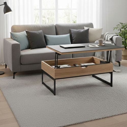 Table Basse Relevable En Mdf Placage Chêne Et Céramique Piètement Métal - Duplex