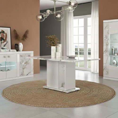 Table Repas Fixe 160x90cm Pied Central Laqué Blanc Et Imitation Marbre - Etolis