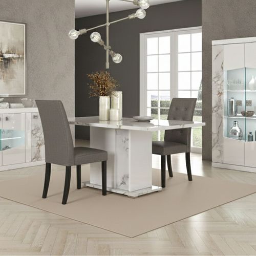 Table Repas Fixe 160x90cm Pied Central Laqué Blanc Et Imitation Marbre - Etolis