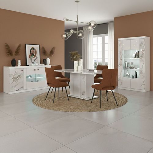 Table Repas Fixe 160x90cm Pied Central Laqué Blanc Et Imitation Marbre - Etolis