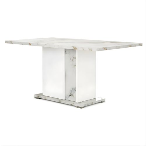 Table Repas Fixe 160x90cm Pied Central Laqué Blanc Et Imitation Marbre - Etolis